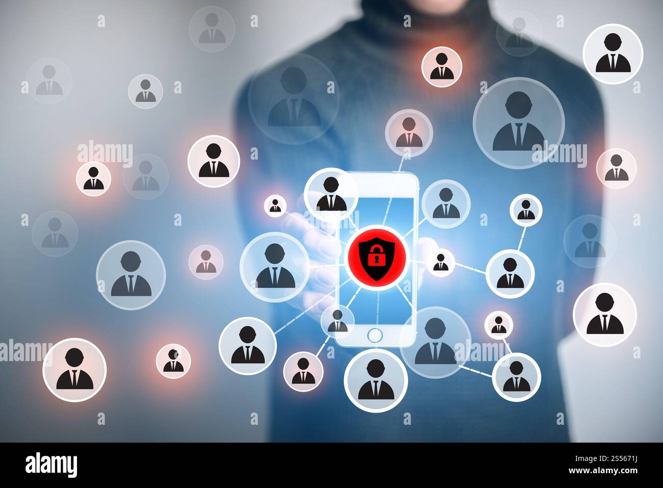 Giovane Azienda moderna smartphone con protezione dalle persone icone sullo sfondo per lo schermo. Foto Stock