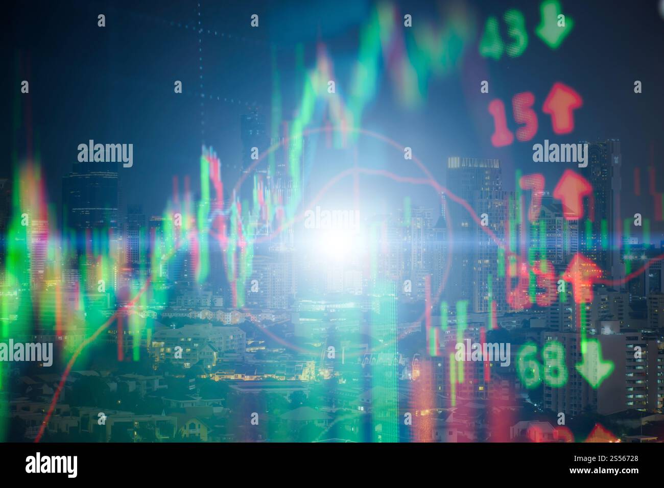 La crescita degli investimenti con il concetto di prezzo di mercato azionario sfondo grafico: Candlestick grafico il grafico del mercato azionario Investimenti trading. Foto Stock