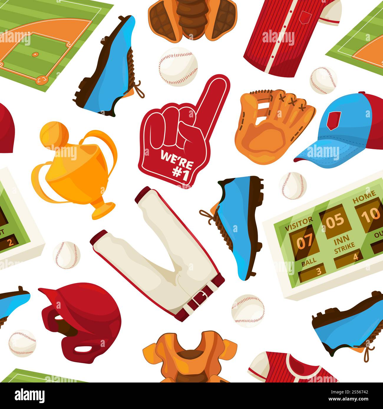 Schema senza cuciture vettoriale baseball. Sfondo della pallina di base sportiva, illustrazione dell'attrezzatura da gioco. Schema senza cuciture vettoriale baseball Illustrazione Vettoriale