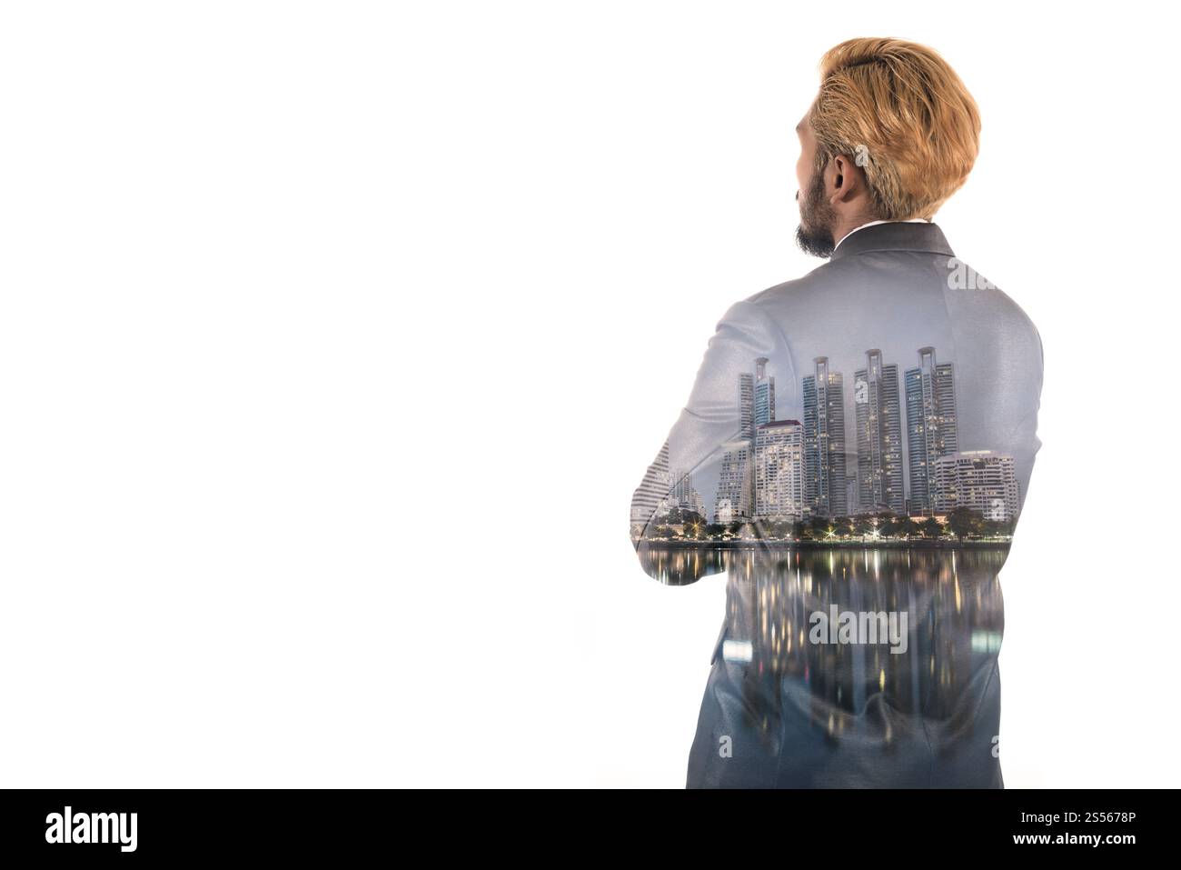 La doppia esposizione concetto con effetti speciali di illuminazione di imprenditore. Foto Stock