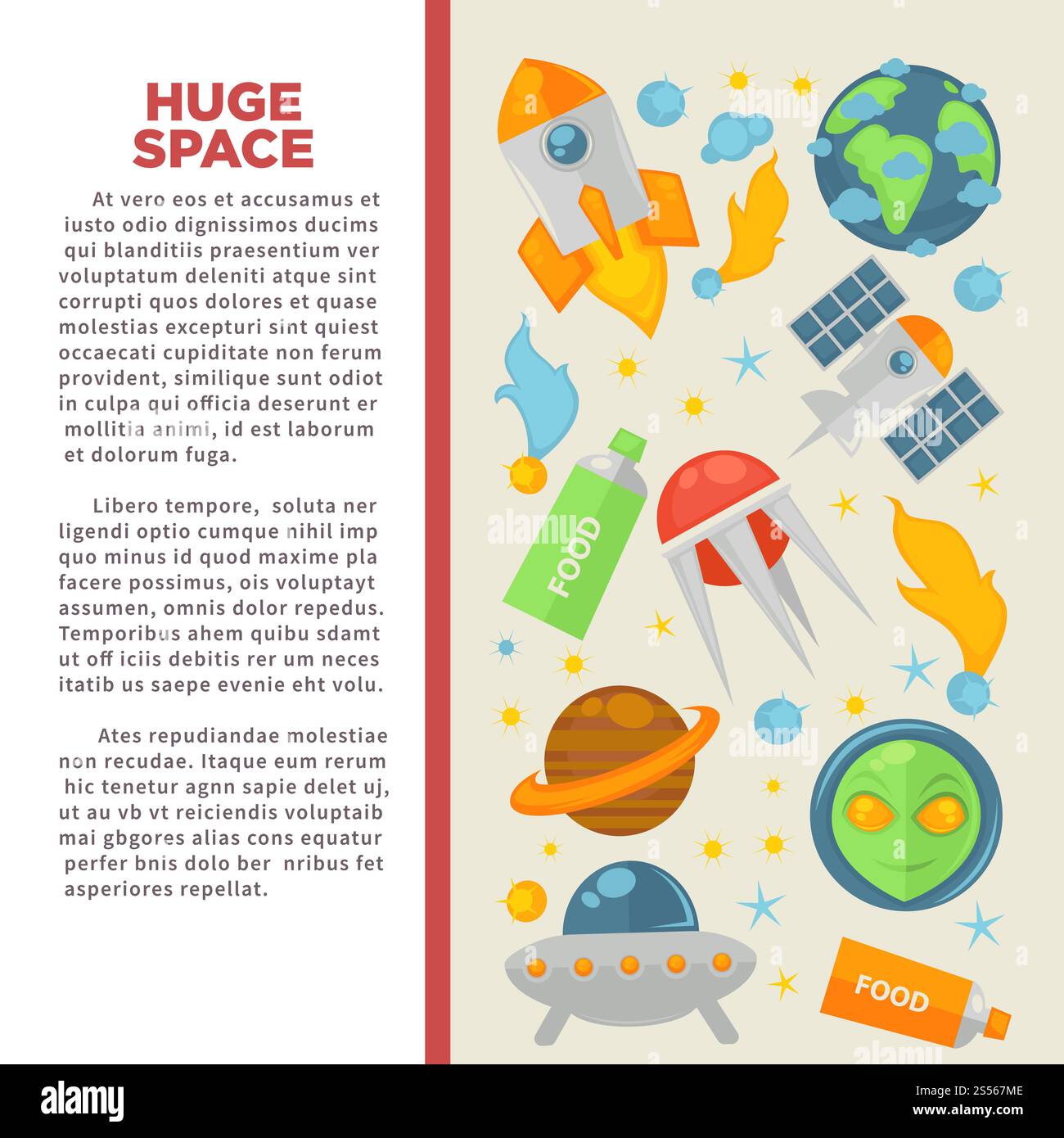 Modello di poster per l'esplorazione dell'universo e la ricerca spaziale del cosmo per l'educazione alla scienza astronomica. Progettazione vettoriale di astronauti spaziali, satelliti e pianeti in orbita, stelle della galassia o comete e cibo degli astronauti. Esplorazione dell'universo e ricerca spaziale della galassia informazioni vettoriali piatte o poster didattico Illustrazione Vettoriale