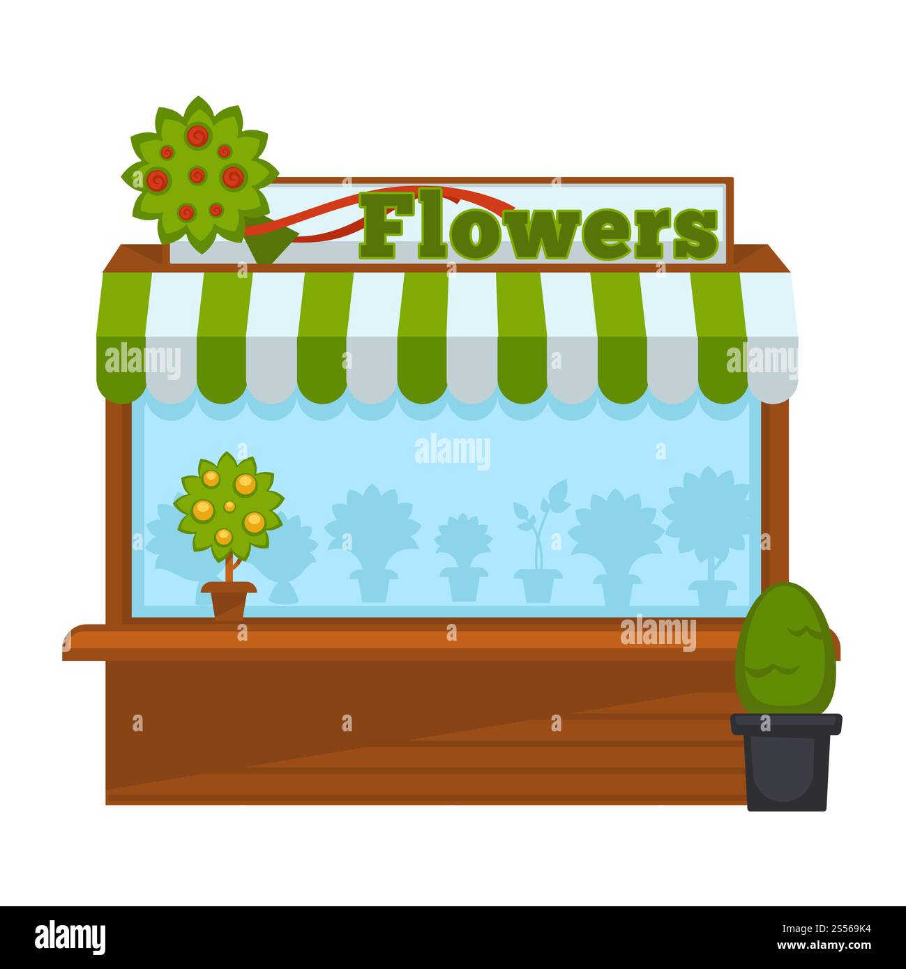 Stand di vendita di fiori o stand di legno per il mercato dei fiori. Icona piatta isolata vettoriale di fiori e piante distributore automatico con tetto di tende. Stand dei fornitori di fiori o mercato dei fiori stand in legno design piatto vettoriale icona isolata Illustrazione Vettoriale