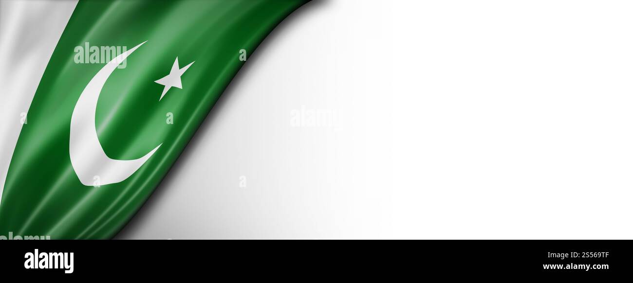 Bandiera del Pakistan isolata sul bianco. Striscione panoramico orizzontale. Bandiera pakistana isolata su striscione bianco Foto Stock