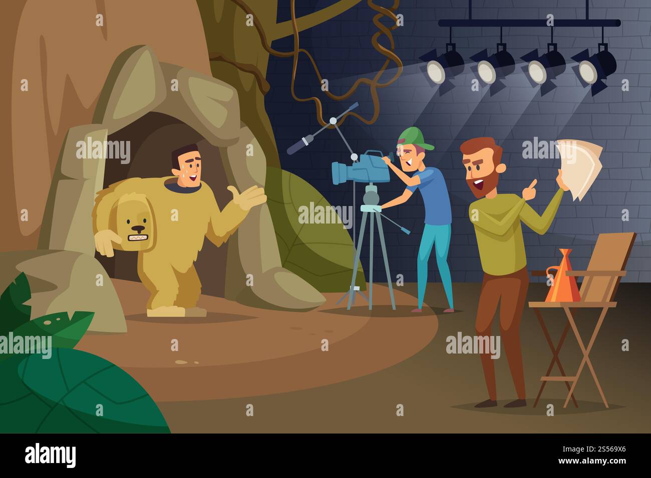 Produzione cinematografica professionale. Videografo e attori. Film di produzione, industria cinematografica professionale. Illustrazione vettoriale. Produzione cinematografica professionale. Videografo e attori Illustrazione Vettoriale