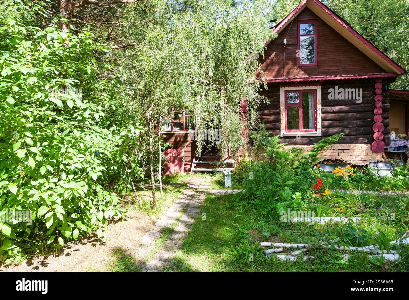 vista frontale del cortile rurale e casa di legno russa nella soleggiata giornata estiva Foto Stock