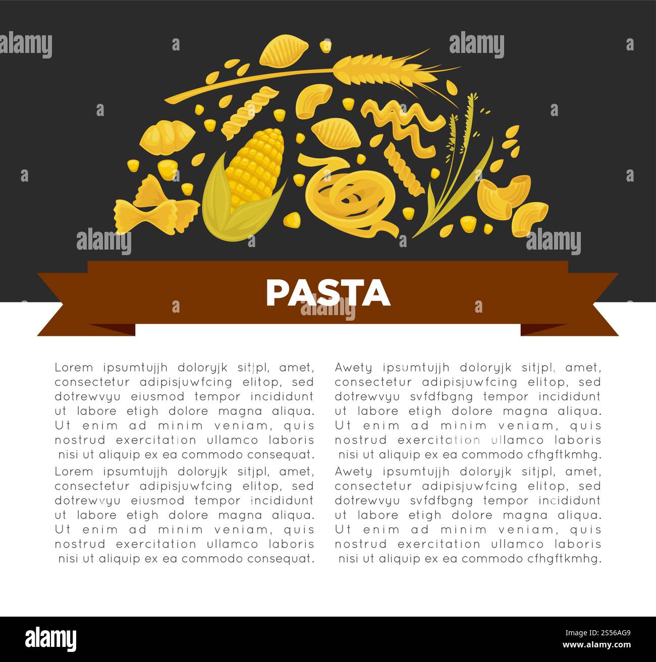 Poster di pasta disegnato per la cucina italiana o per il ristorante di maccheroni e spaghetti. Fettuccine Vector durum e farfalle o tagliatelli e lasagne con sacchetto di farina e icone di cereali o cereali di grano. Poster di pasta disegnato per la cucina italiana o per il ristorante di maccheroni e spaghetti. Illustrazione Vettoriale