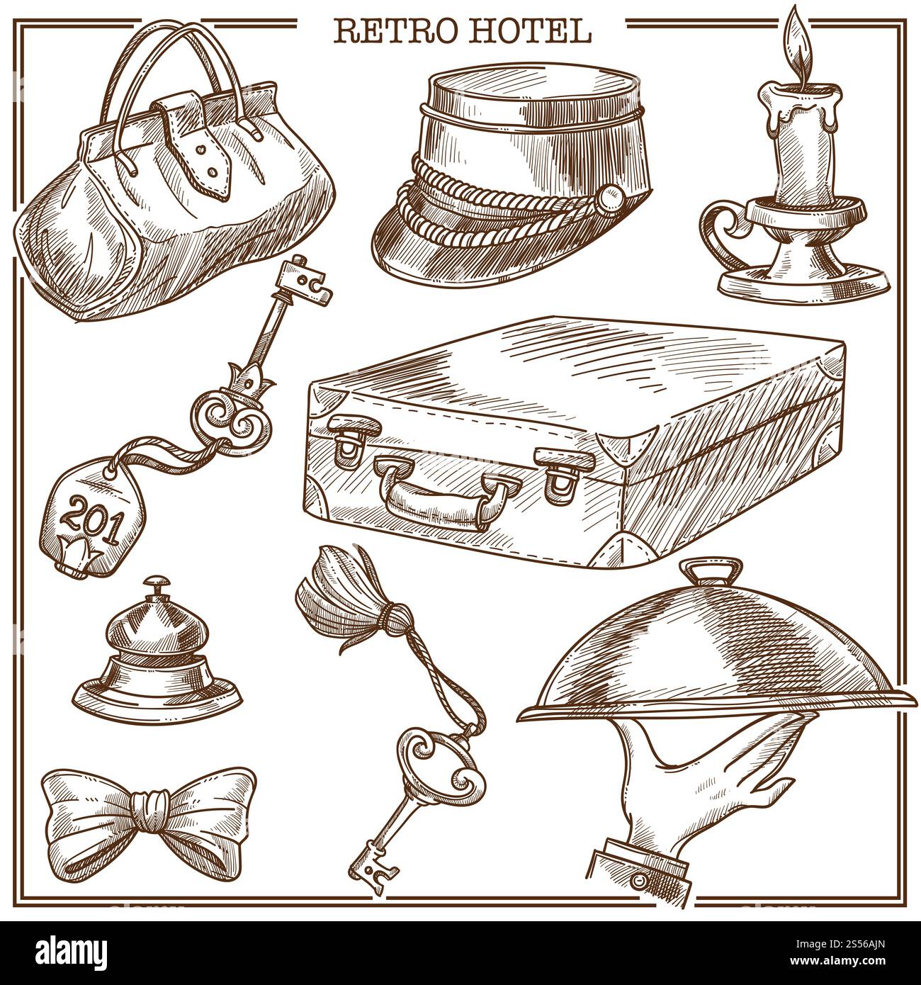 Icone degli schizzi degli accessori per gli ospiti dell'hotel e del personale di servizio. Set vettoriale di valigia e borsa per viaggiatori, campanello della reception e chiave della camera con targhetta, cravatta per portiere o cappello e candela. Oggetti retrò da viaggio per gli ospiti dell'hotel e icone vettoriali degli accessori del personale di assistenza Illustrazione Vettoriale