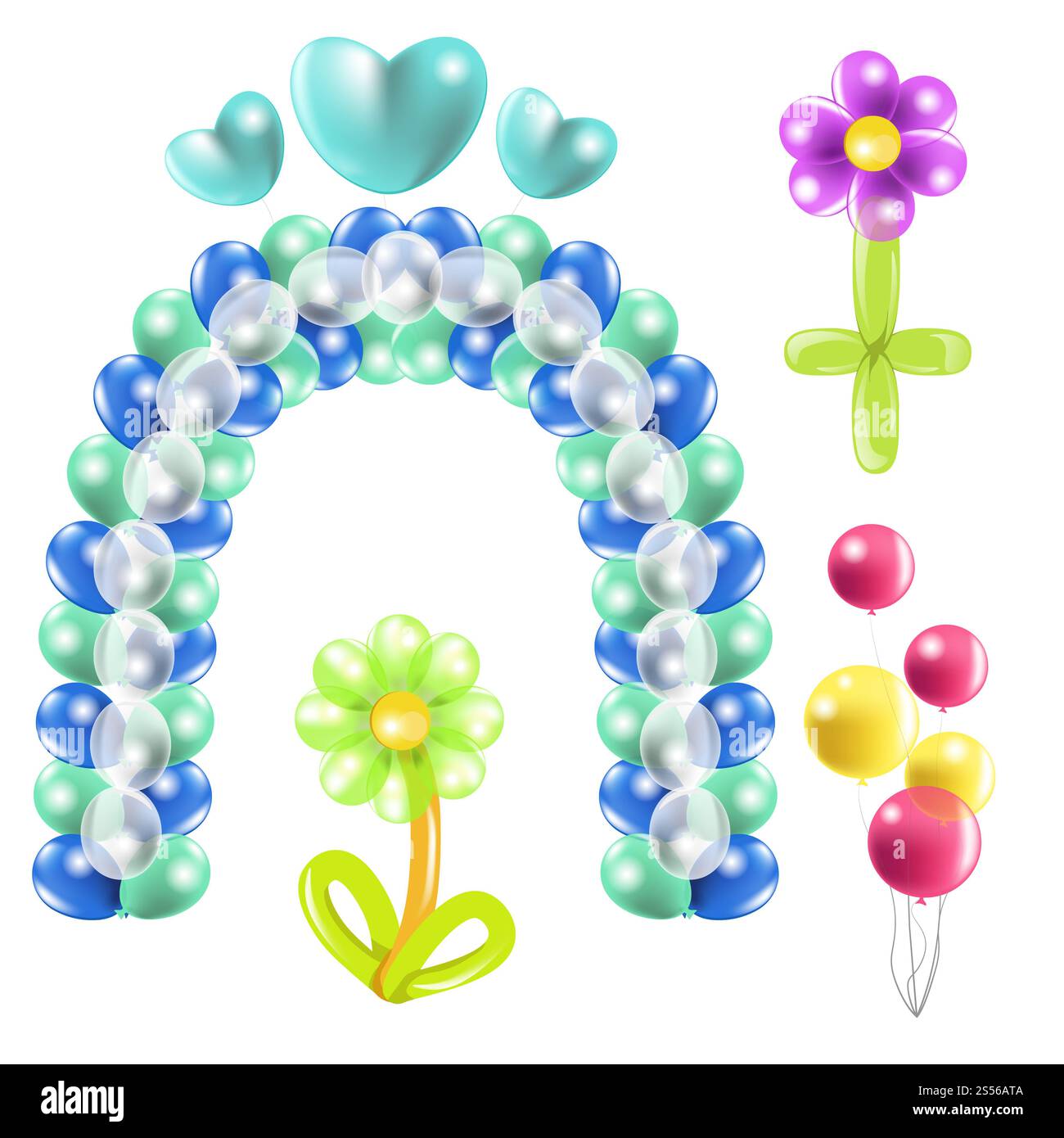 Icone isolate per palloncini, decorazioni per feste di compleanno. Arco e fiori o cuori, parco divertimenti, giocattolo per festival, decorazioni festive. Festeggiamenti Foto Stock