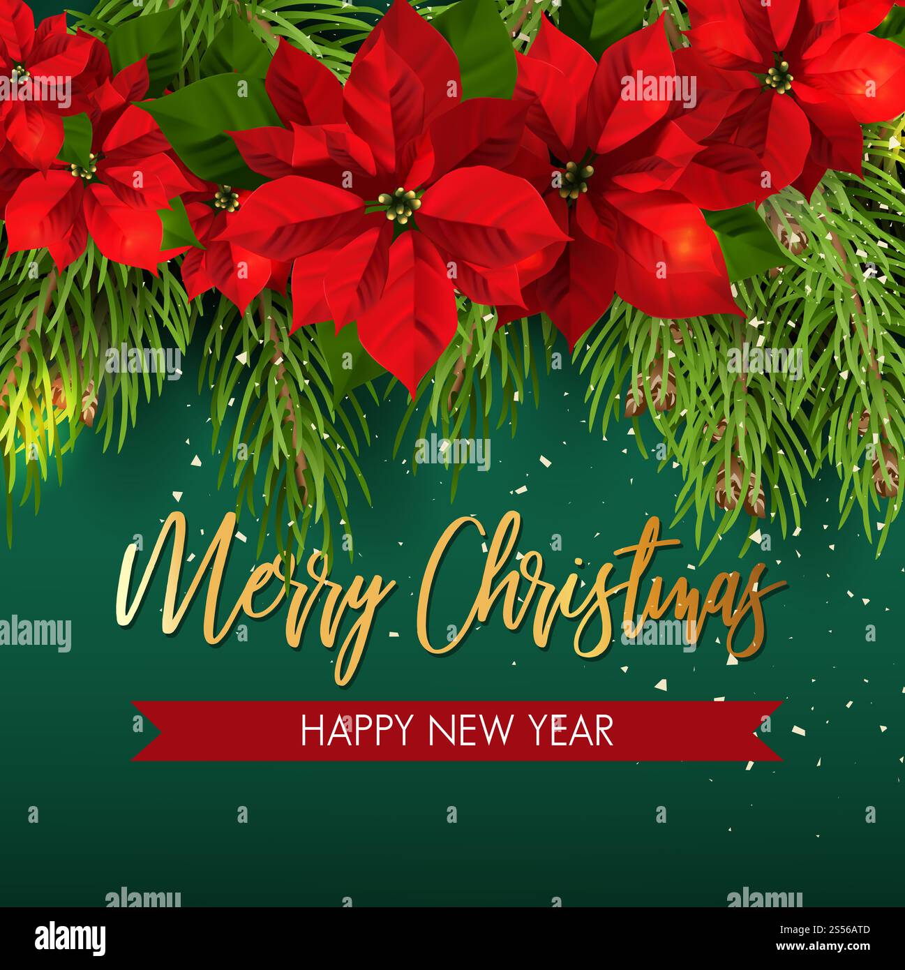 Natale e felice anno nuovo modello tipografico banner con fiori di fiore di natale elementi di conifere. Modello di progettazione su sfondo verde. Foto Stock