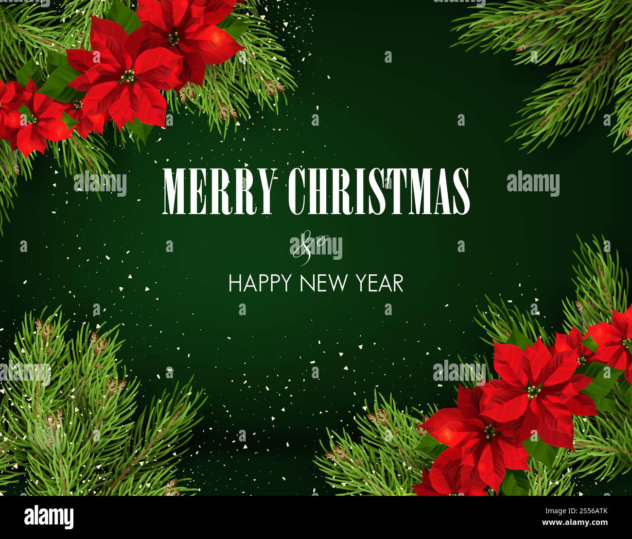 Natale e felice anno nuovo modello tipografico banner con fiori di fiore di natale elementi di conifere. Modello di progettazione su sfondo verde. Foto Stock