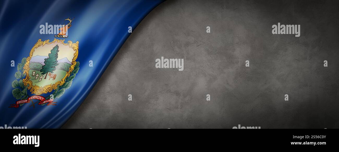 Bandiera del Vermont su striscione per pareti in cemento, USA. Illustrazione 3D. Bandiera del Vermont su striscione per pareti in cemento, USA Foto Stock