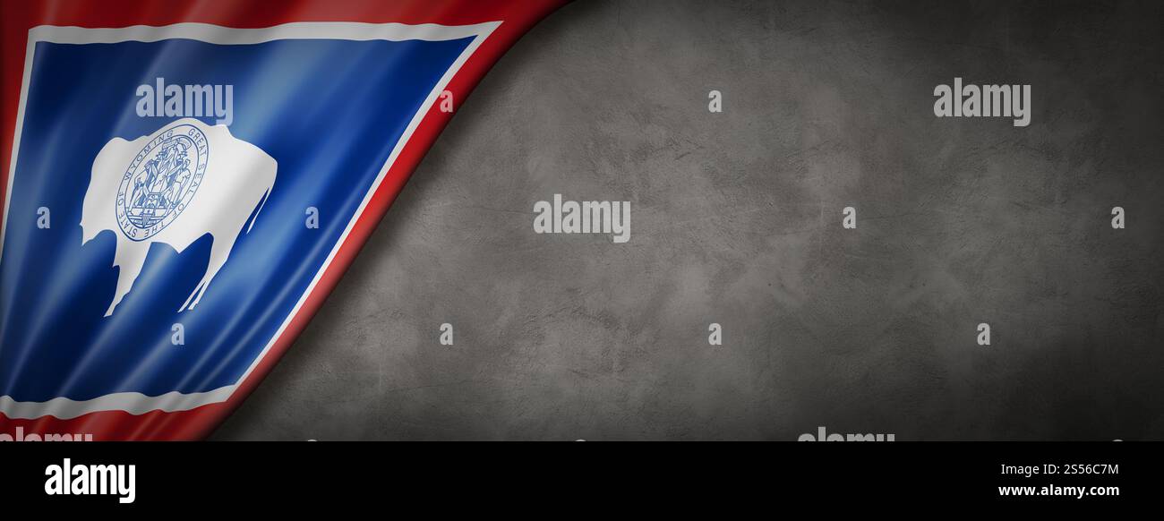 Bandiera del Wyoming su striscione per pareti in cemento, USA. Illustrazione 3D. Bandiera del Wyoming su striscione per pareti in cemento, USA Foto Stock