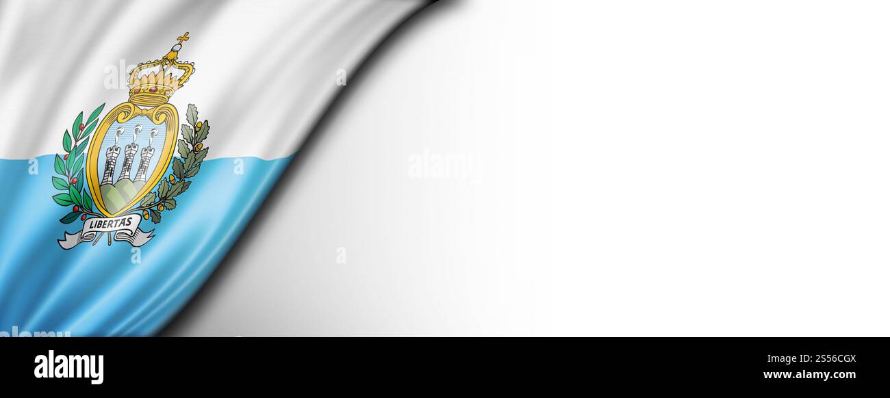 Bandiera di San Marino isolata su bianco. Striscione panoramico orizzontale. Bandiera di San Marino isolata su striscione bianco Foto Stock