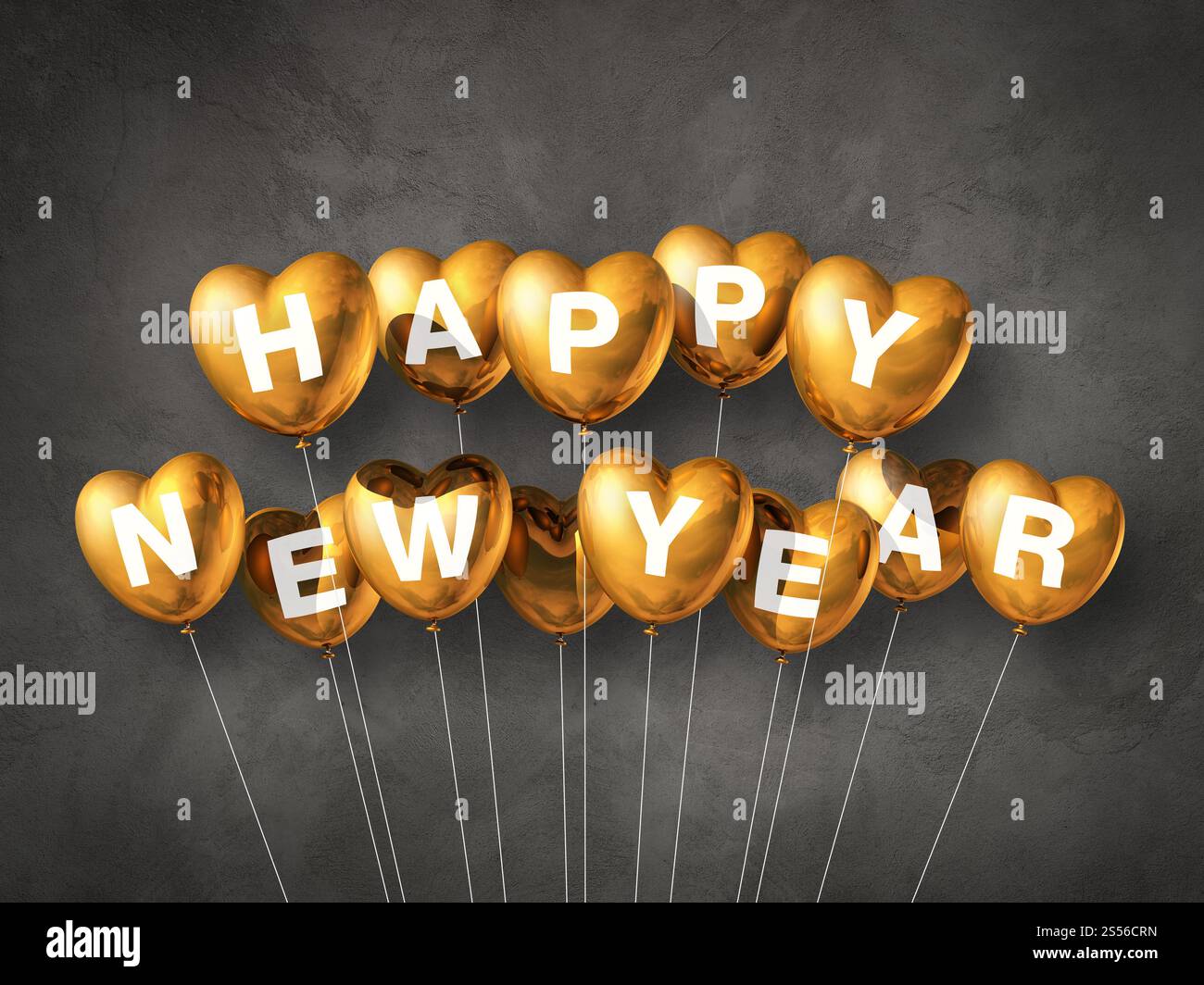 Palloncini a forma di cuore dorati per il nuovo anno su sfondo di cemento scuro. Rendering illustrazione 3D. Oro felice anno nuovo palloncini a forma di cuore Foto Stock Palloncini a forma di cuore dorati per il nuovo anno su sfondo di cemento scuro. Rendering illustrazione 3D. Oro felice anno nuovo palloncini a forma di cuore Foto Stock