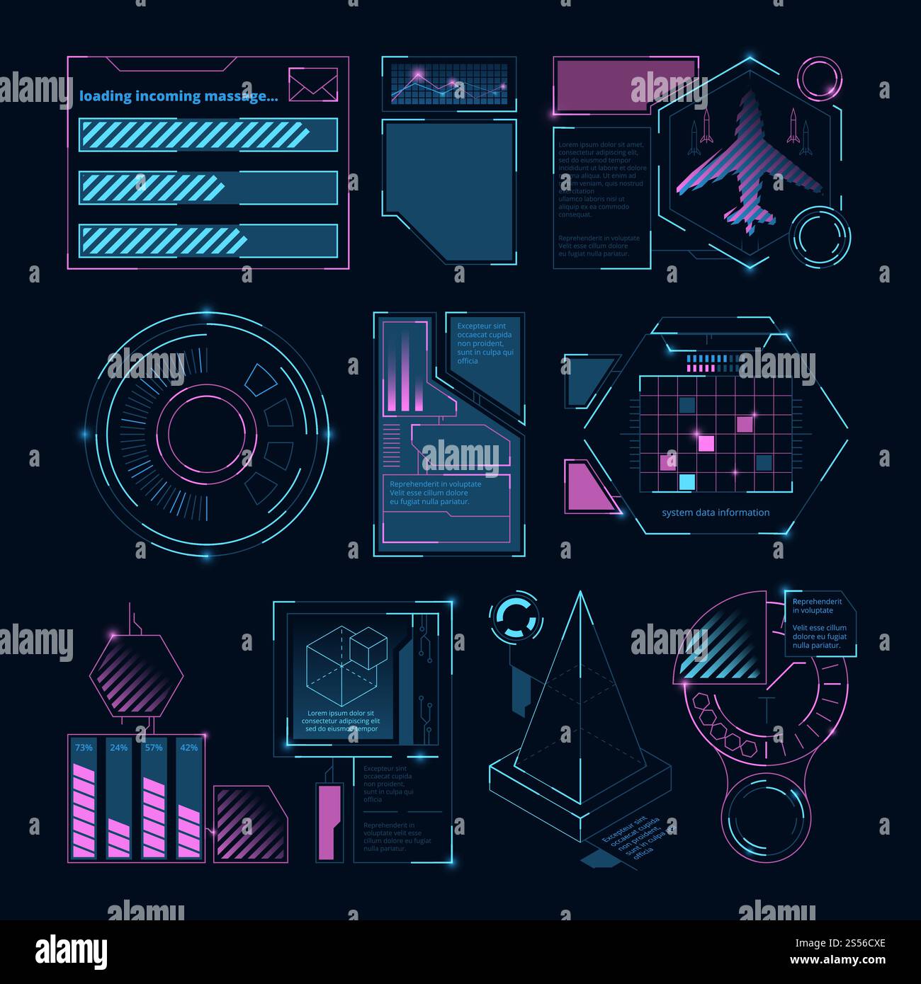 Elementi futuristici digitali per l'interfaccia Web. Tecnologia di visualizzazione HUD, cruscotto digitale del futuro interattivo, illustrazione vettoriale. Elementi futuristici digitali per l'interfaccia Web. Display HUD Illustrazione Vettoriale