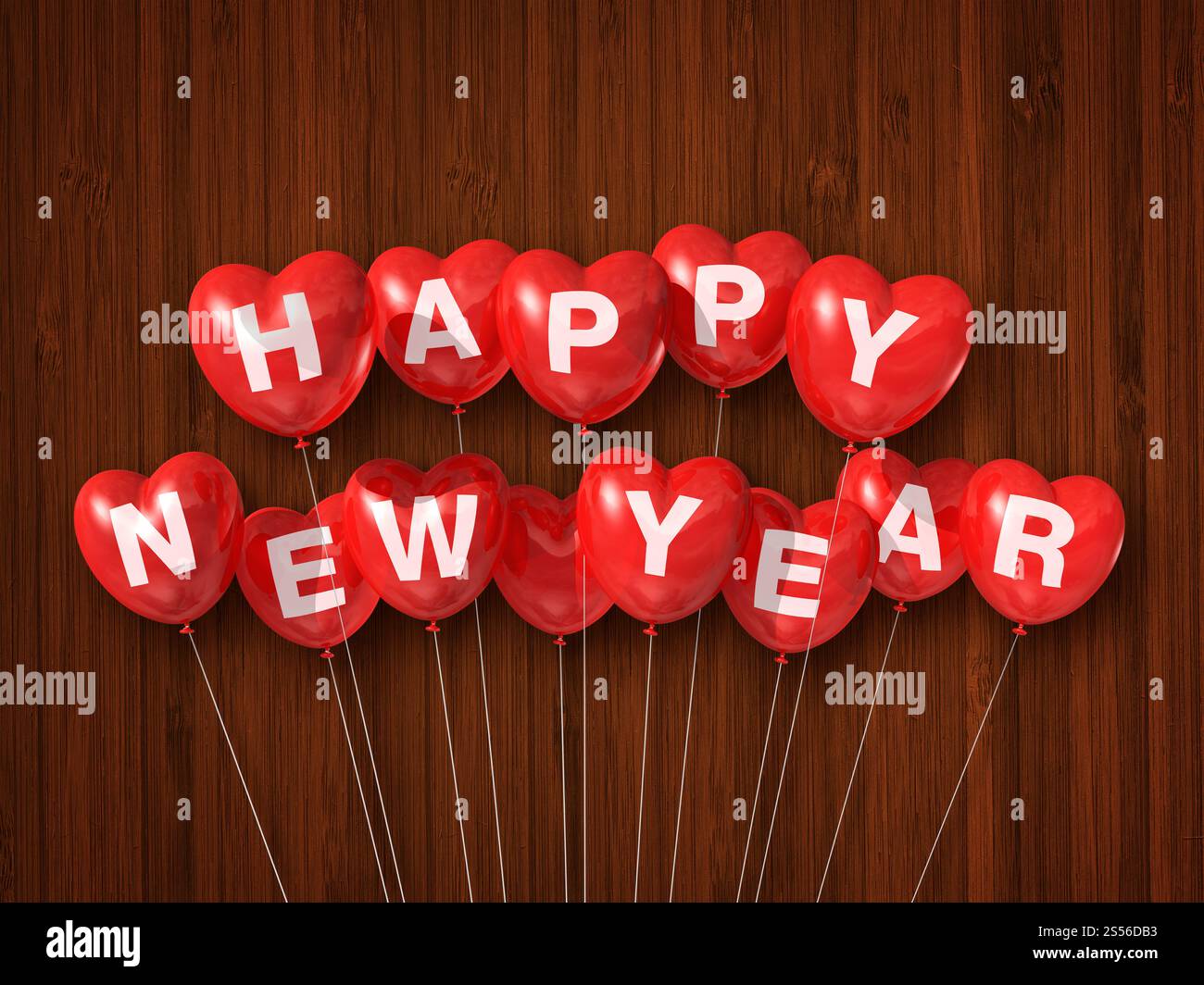 Palloncini rossi a forma di cuore per il nuovo anno su sfondo di legno scuro. Rendering illustrazione 3D. Palloncini rossi a forma di cuore per il nuovo anno su una Foto Stock Palloncini rossi a forma di cuore per il nuovo anno su sfondo di legno scuro. Rendering illustrazione 3D. Palloncini rossi a forma di cuore per il nuovo anno su una Foto Stock