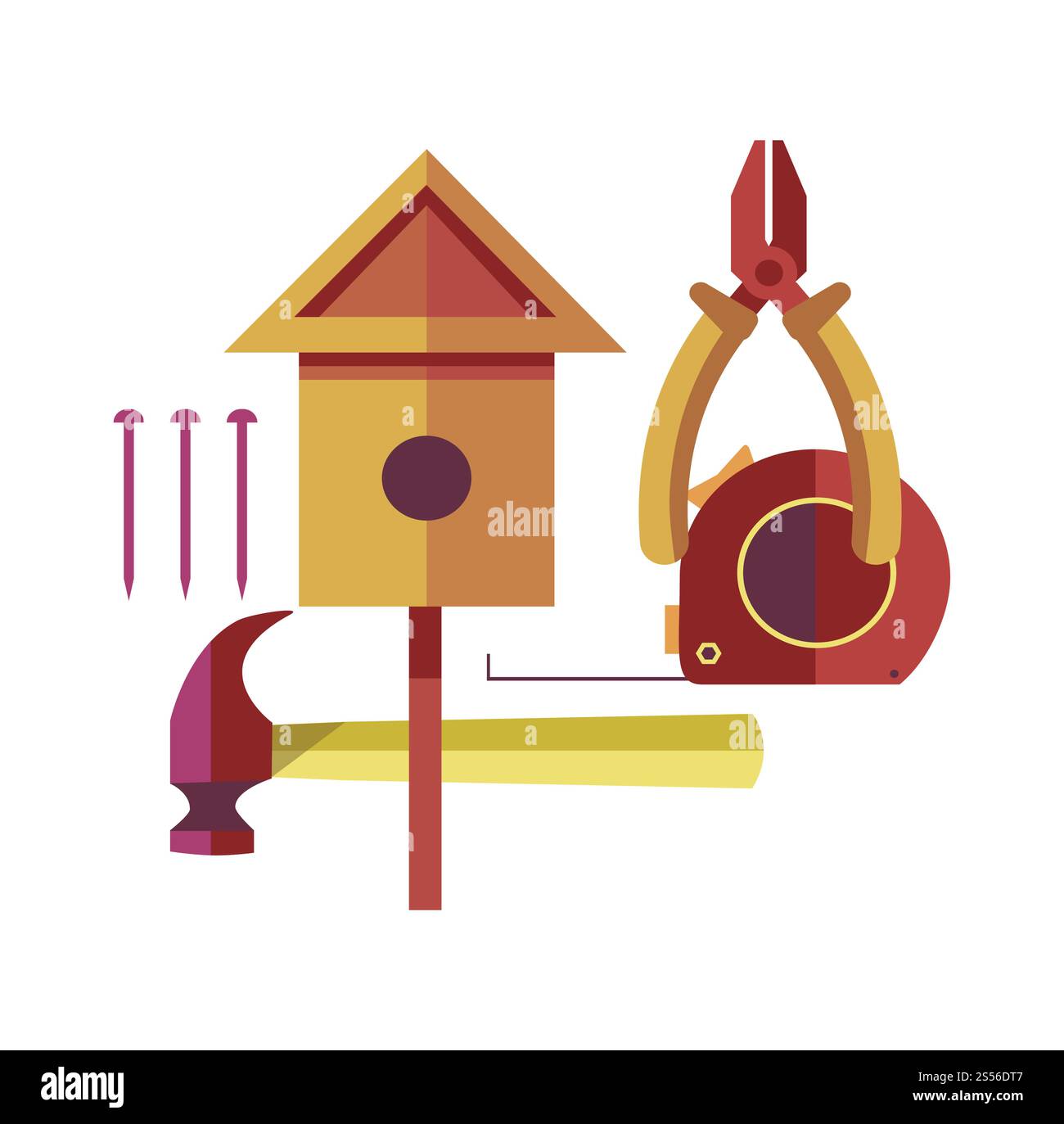 Artigianato in legno con set di attrezzi speciali. Piccola casa per uccelli su bastone, martello in metallo, pinze affilate, comoda roulette e chiodi sottili illustrazioni vettoriali piatte su sfondo bianco. Artigianato in legno con set di attrezzi speciali Illustrazione Vettoriale