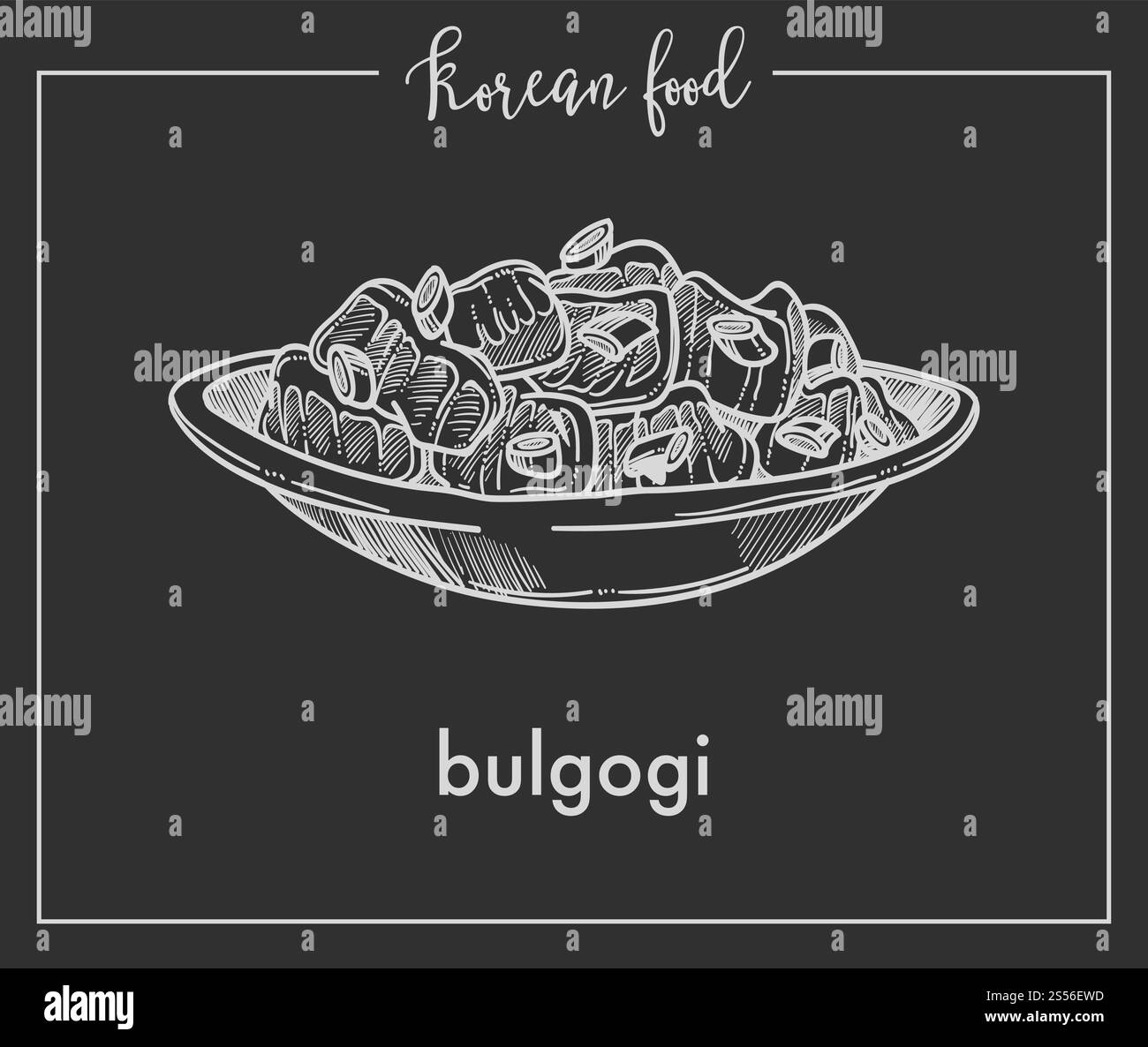 Deliziosi bulgogi in ciotola con piatti tradizionali coreani. Piatto barbecue di manzo o vitello marinato. Fette di carne con spezie e verdure, immagine vettoriale monocromatica isolata su sfondo nero. Deliziosi bulgogi in ciotola con piatti tradizionali coreani Illustrazione Vettoriale