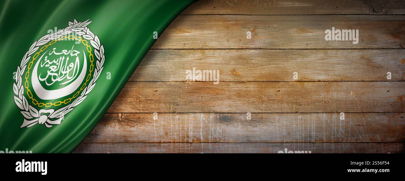 Bandiera della Lega Araba sul muro di legno vintage. Striscione panoramico orizzontale. Bandiera della Lega Araba su striscione vintage da parete in legno Foto Stock