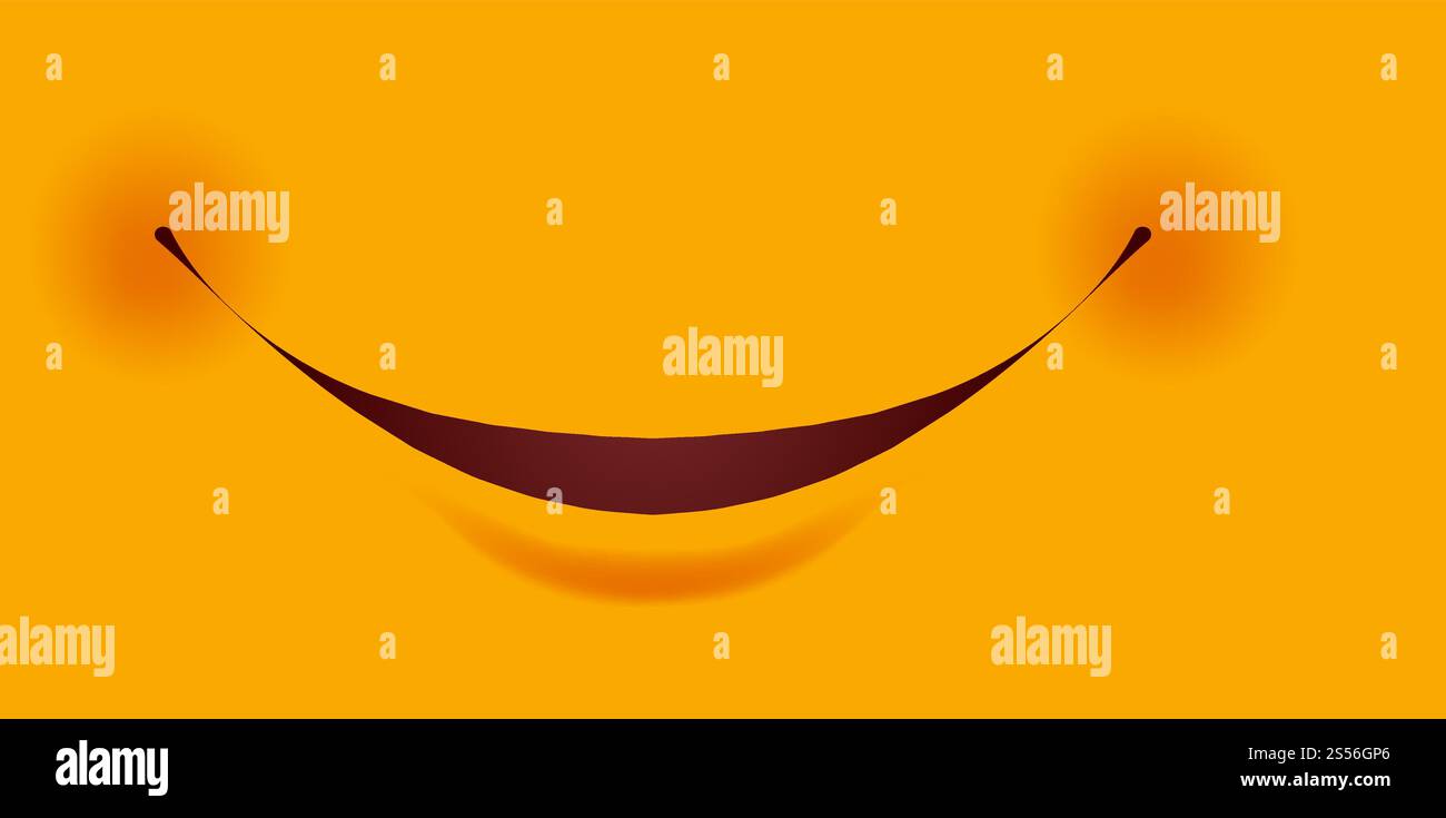 Un sorriso ampio e cordiale con piccole guance rosse come parte del costruttore Smiley. Parte facciale del personaggio artificiale che esprime l'umore allegro cartone animato illustrazione vettoriale piatta su sfondo giallo. Sorridi con piccole guance rosse come parte del costruttore Smiley Illustrazione Vettoriale