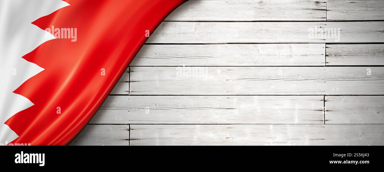 Bandiera del Bahrein sul vecchio muro bianco. Striscione panoramico orizzontale. Bandiera del Bahrein sul vecchio banner bianco Foto Stock