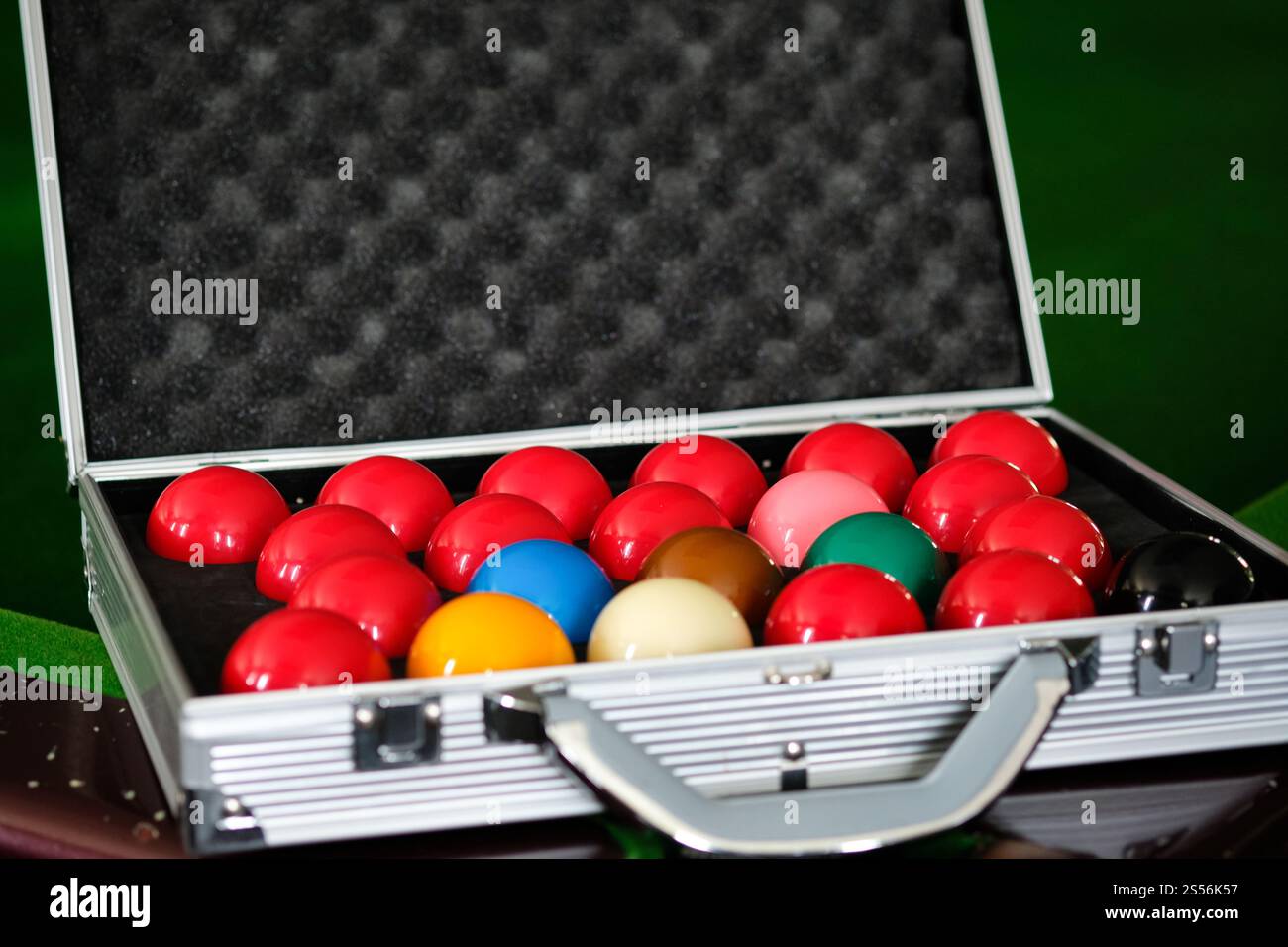 Mans mano e braccio cue giocano a biliardo o si preparano a sparare palle da biliardo su un tavolo da biliardo verde. Palline da biliardo colorate sul fregio verde Foto Stock