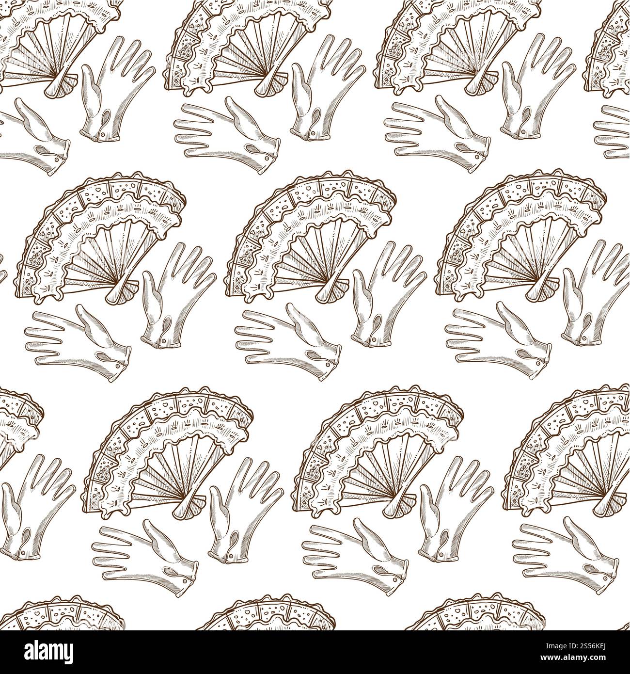 Accessori vintage per abbigliamento femminile motivo senza cuciture. Guanti in tessuto per mani ed elegante ventilatore con pizzo. Souvenir o stile vittoriano. Foto Stock