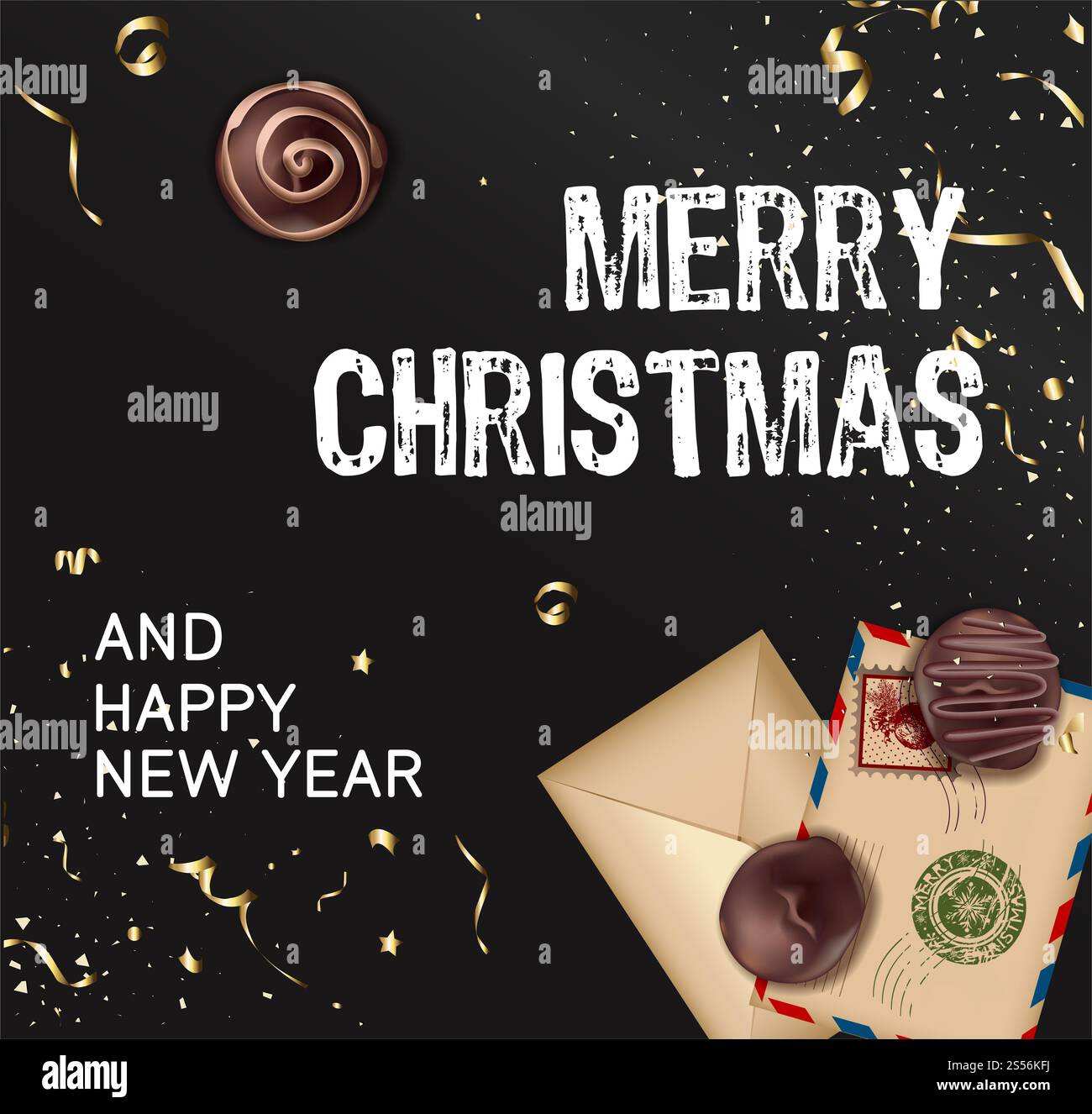 Felice anno nuovo e felice natale, poster di festa con tinsel dorato decorativo, caramelle al cioccolato e cartoline di benvenuto o lettere a babbo natale Foto Stock