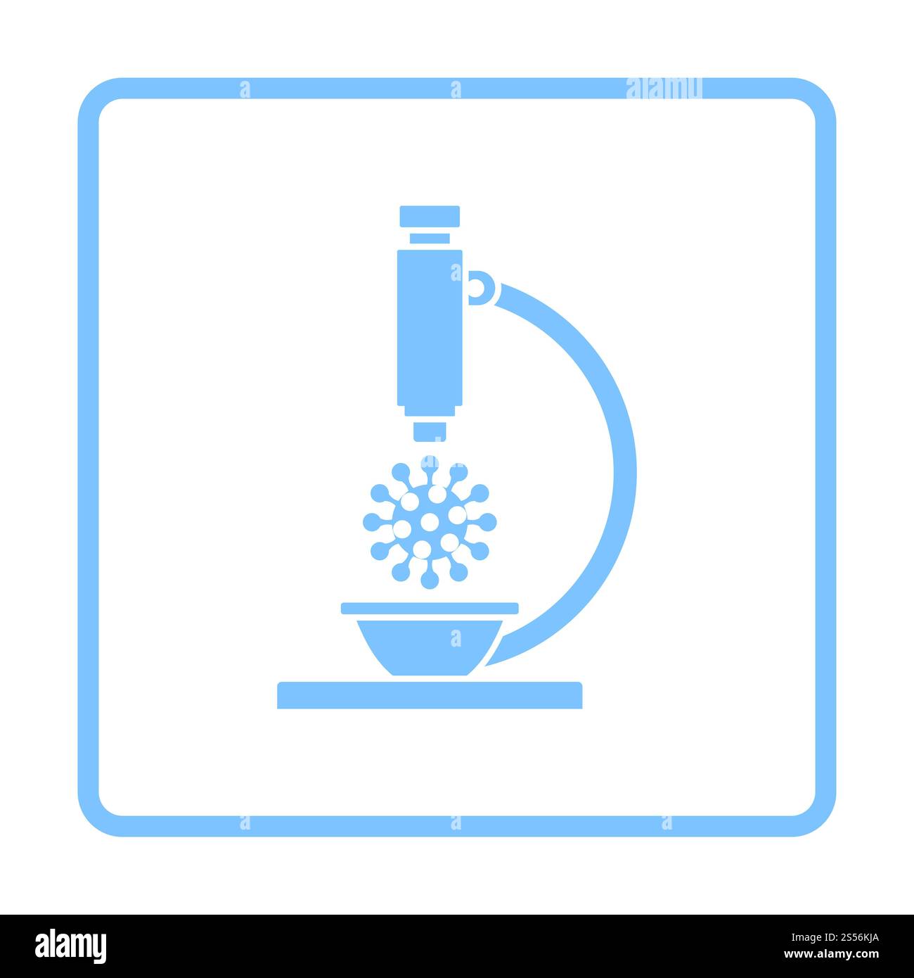 Icona Research Coronavirus by Microscope. Design con cornice blu. Illustrazione vettoriale. Foto Stock