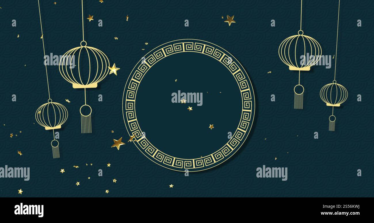 Immagine di decorazioni tradizionali cinesi e stelle su sfondo scuro Foto Stock