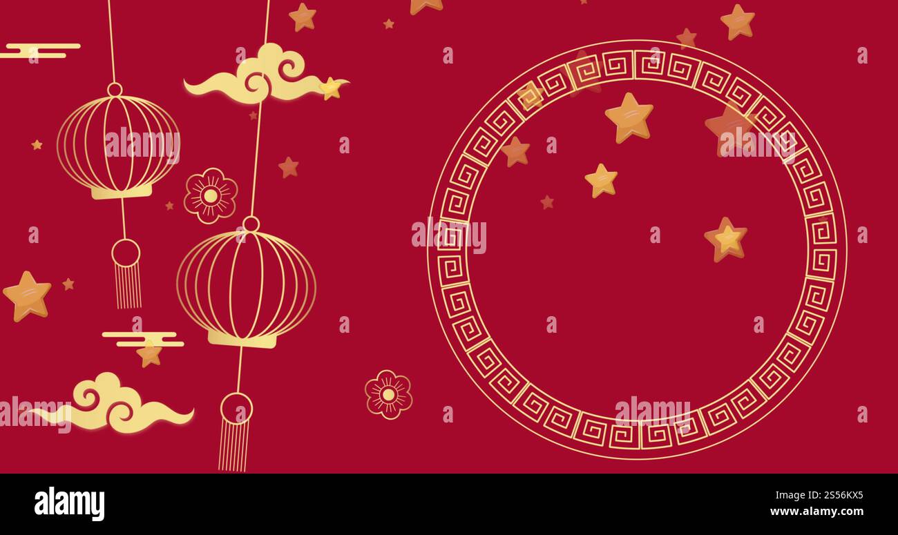 Immagine di decorazioni tradizionali cinesi con stelle su sfondo rosso Foto Stock