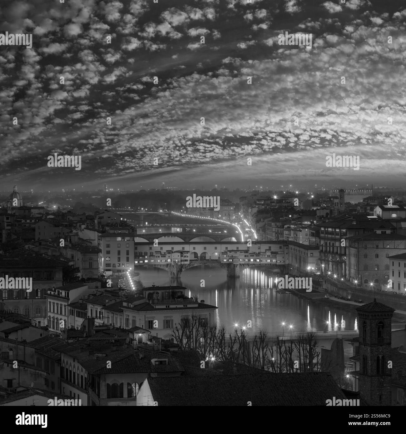 Scala di grigi. Notte Firenze Città vista dall'alto (Italia, Toscana) sul fiume Arno. Foto Stock