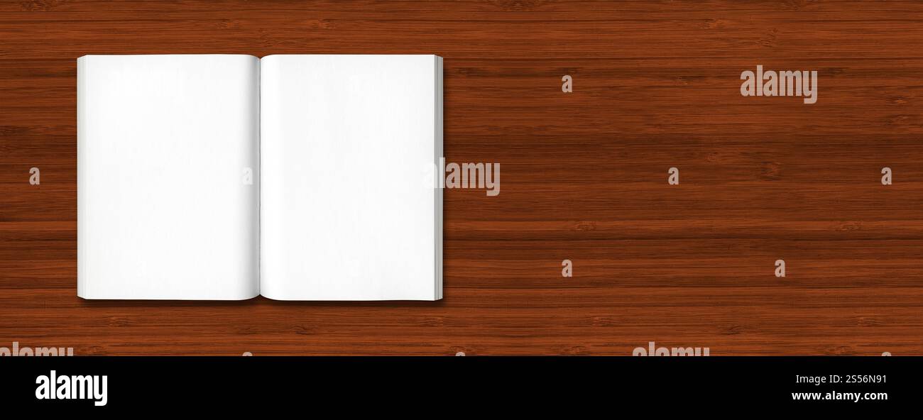 Libro aperto isolato su uno sfondo di legno scuro. Libro aperto isolato su striscioni di legno scuro Foto Stock