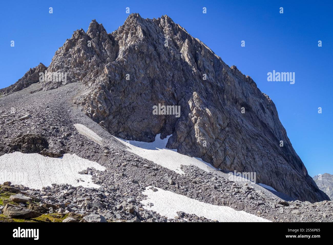 Ghiacciai alpini e il paesaggio innevato di Pralognan la Vanoise. alpi francesi. Foto Stock