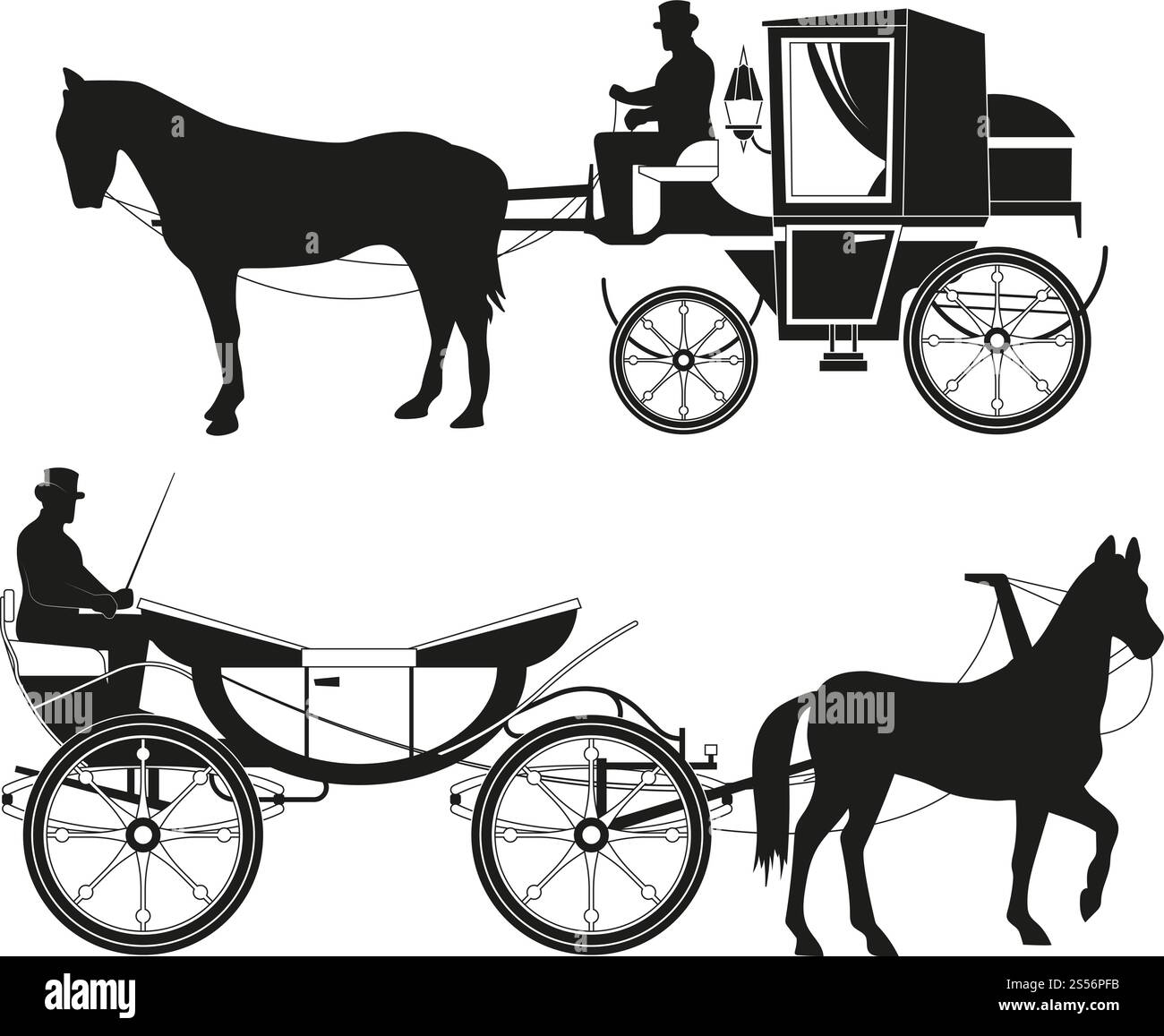 Carrozze d'epoca con cavalli. Immagini vettoriali di un trasporto da favola retrò. Illustrazione carrello antico, diligenza con silhouette nera coachman. Carrozze d'epoca con cavalli. Immagini vettoriali di un trasporto da favola retrò Illustrazione Vettoriale