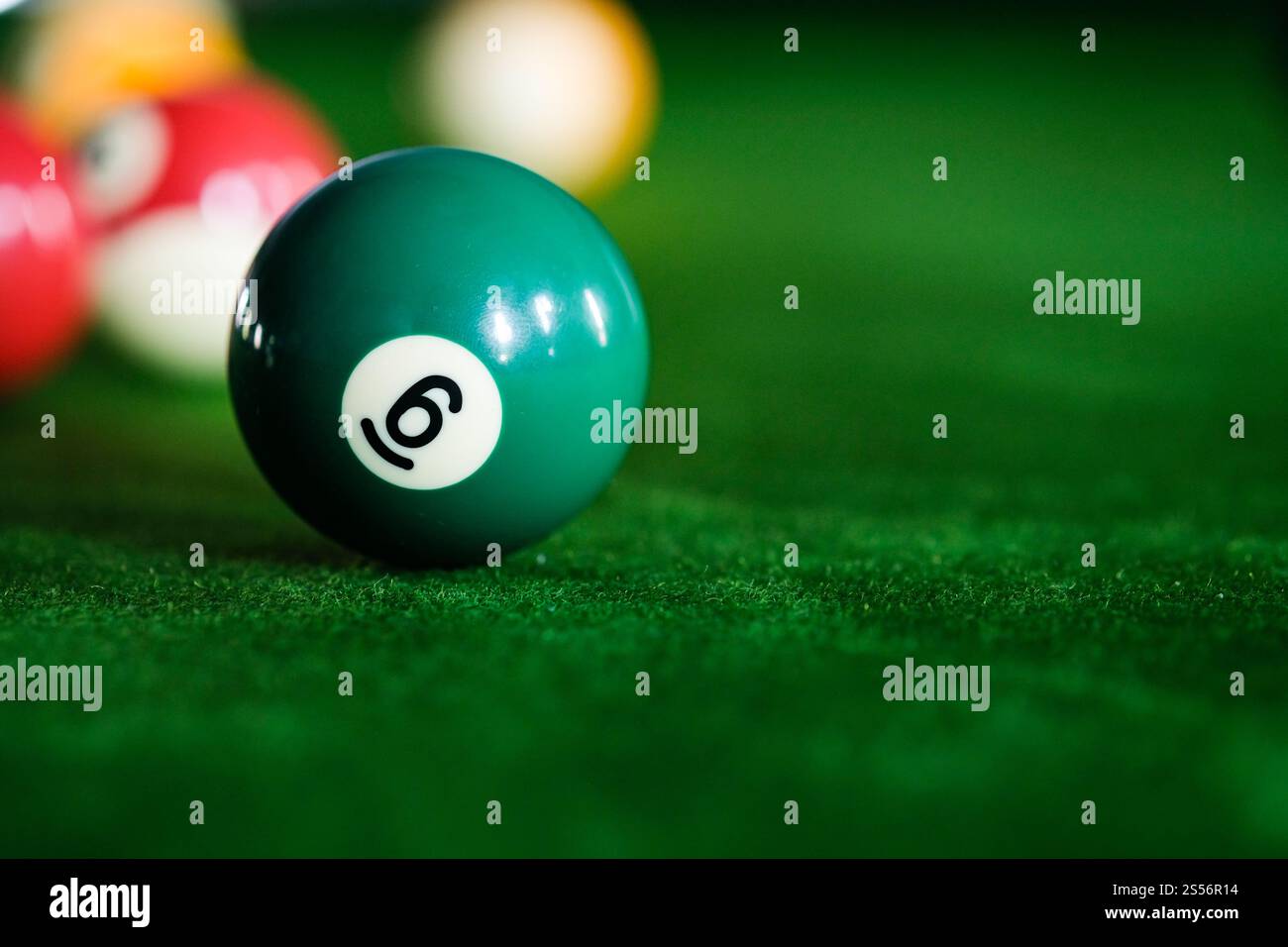 Mans mano e braccio cue giocano a biliardo o si preparano a sparare palle da biliardo su un tavolo da biliardo verde. Palline da biliardo colorate sul fregio verde Foto Stock