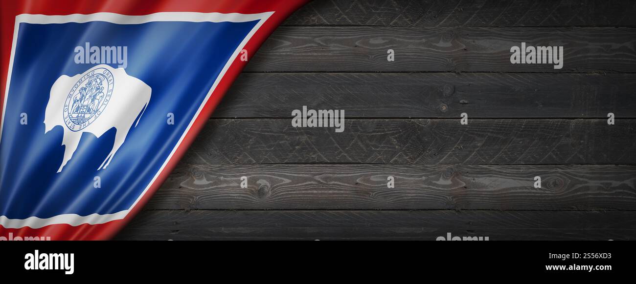 Bandiera del Wyoming su striscione da parete in legno nero, Stati Uniti. Illustrazione 3D. Bandiera del Wyoming su striscione da parete in legno nero, Stati Uniti Foto Stock
