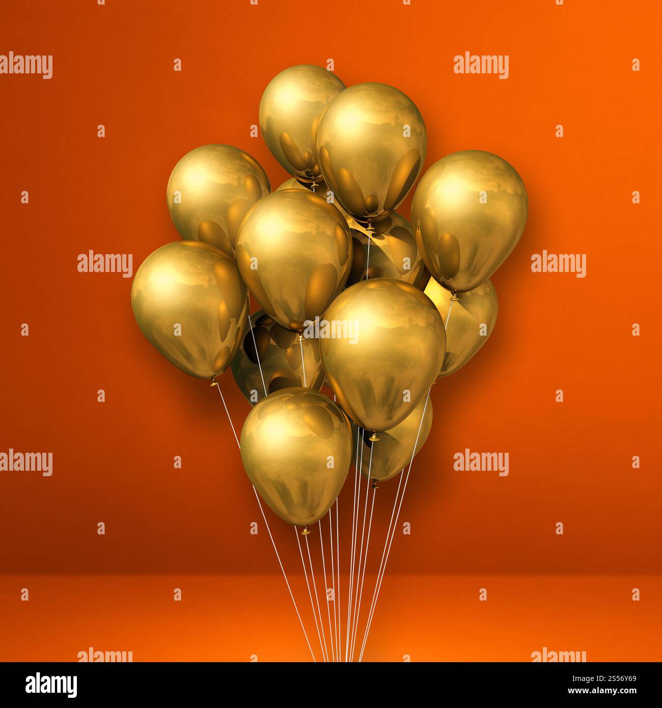 Palloncini dorati su sfondo arancione. Rendering illustrazione 3D. Palloncini dorati su sfondo arancione Foto Stock