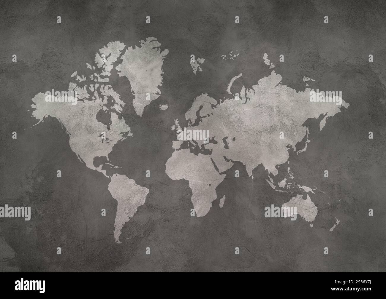 Mappa del mondo isolata su sfondo nero in cemento. Mappa del mondo su sfondo nero in cemento Foto Stock