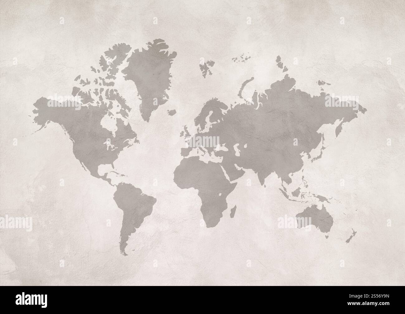 Mappa del mondo isolata su sfondo bianco in cemento. Mappa del mondo su sfondo bianco in cemento Foto Stock