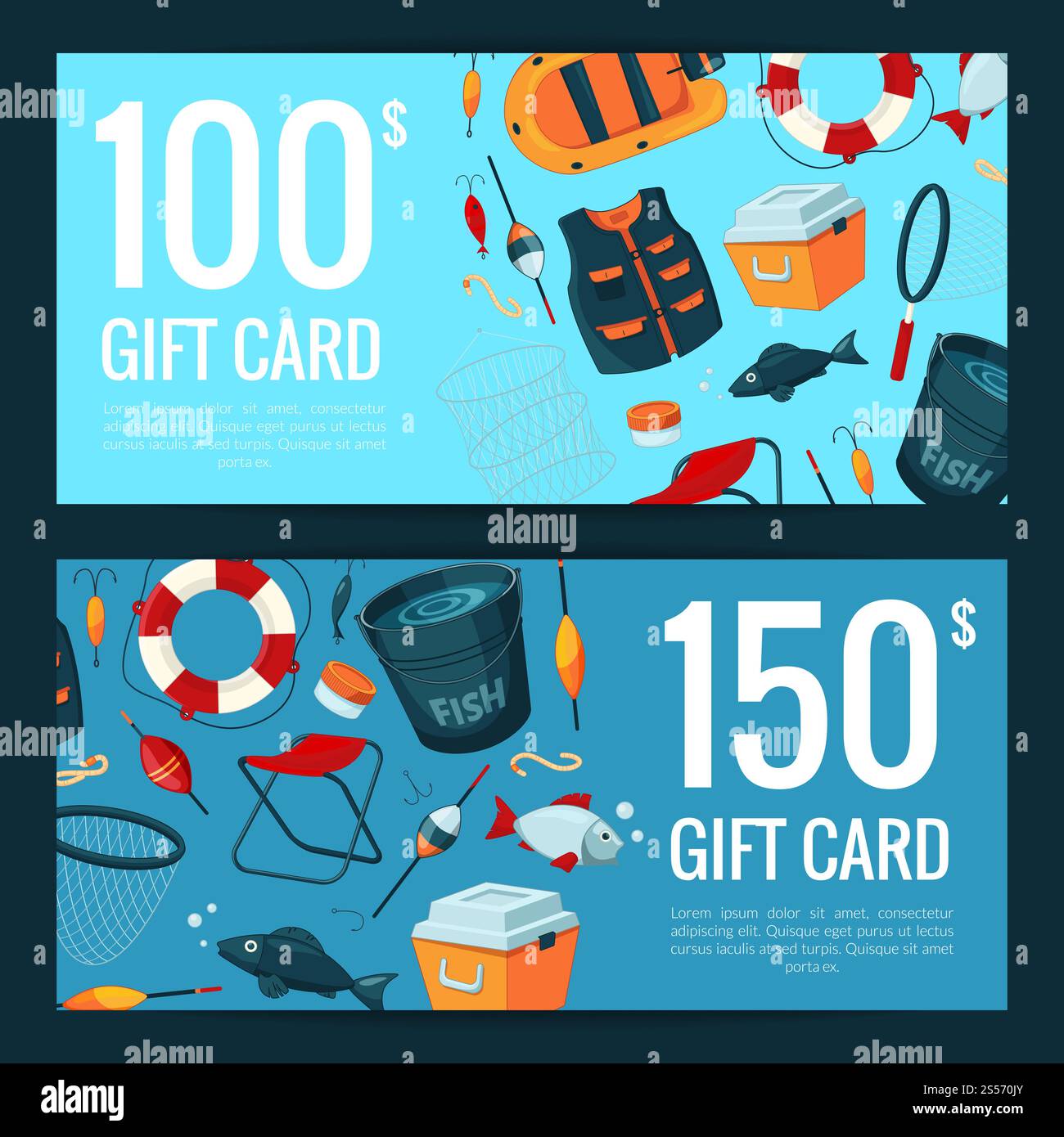 Modelli di buoni sconto vettoriali o di buoni regalo con illustrazione dell'attrezzatura da pesca a cartoni animati. Sconto vettoriale o carta regalo con cartoni animati per la pesca Illustrazione Vettoriale