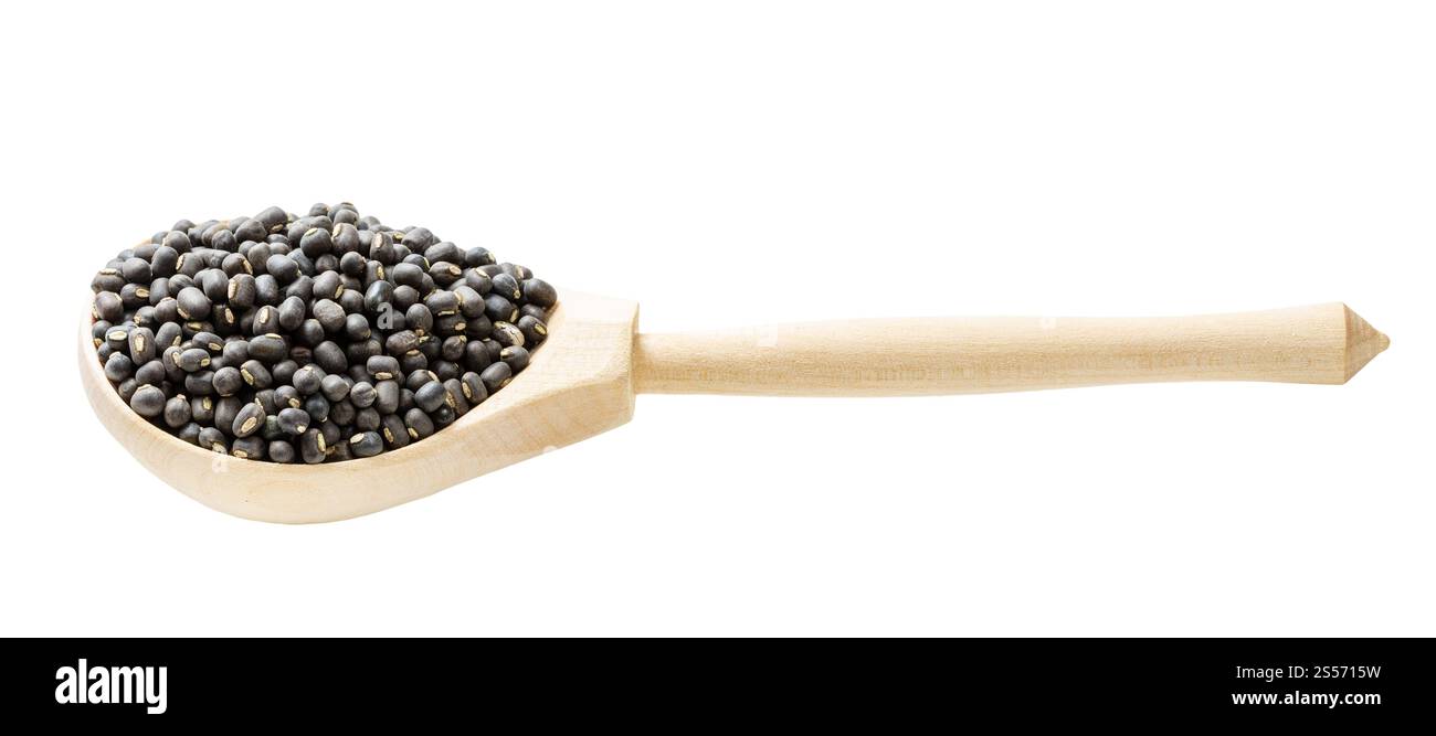 fagioli interi di urad neri grezzi in cucchiaio di legno isolato sopra sfondo bianco Foto Stock