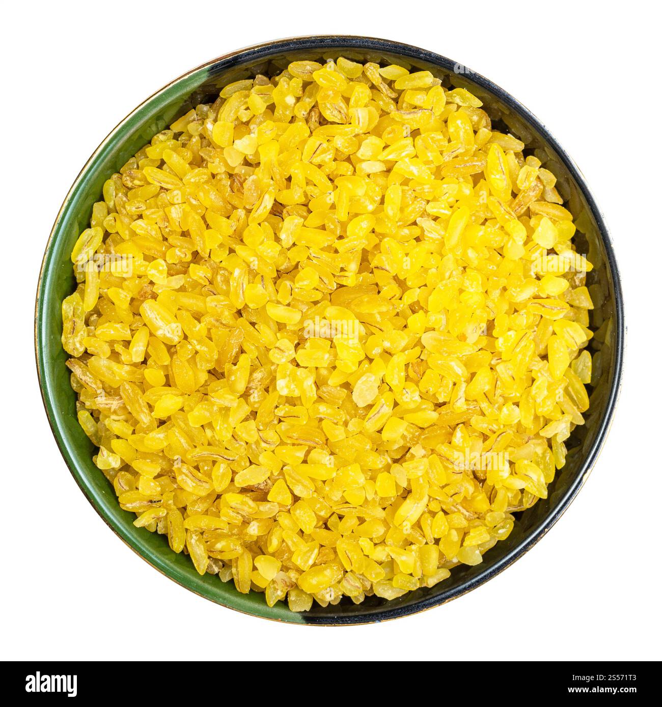 vista dall'alto dei bulgaro nel recipiente rotondo isolato sfondo bianco Foto Stock