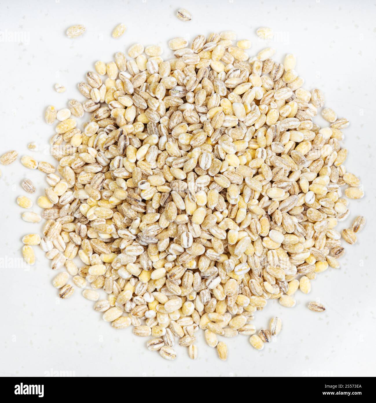 vista dall'alto del mucchio di grani di orzo perlati da vicino su piastra in ceramica grigia Foto Stock