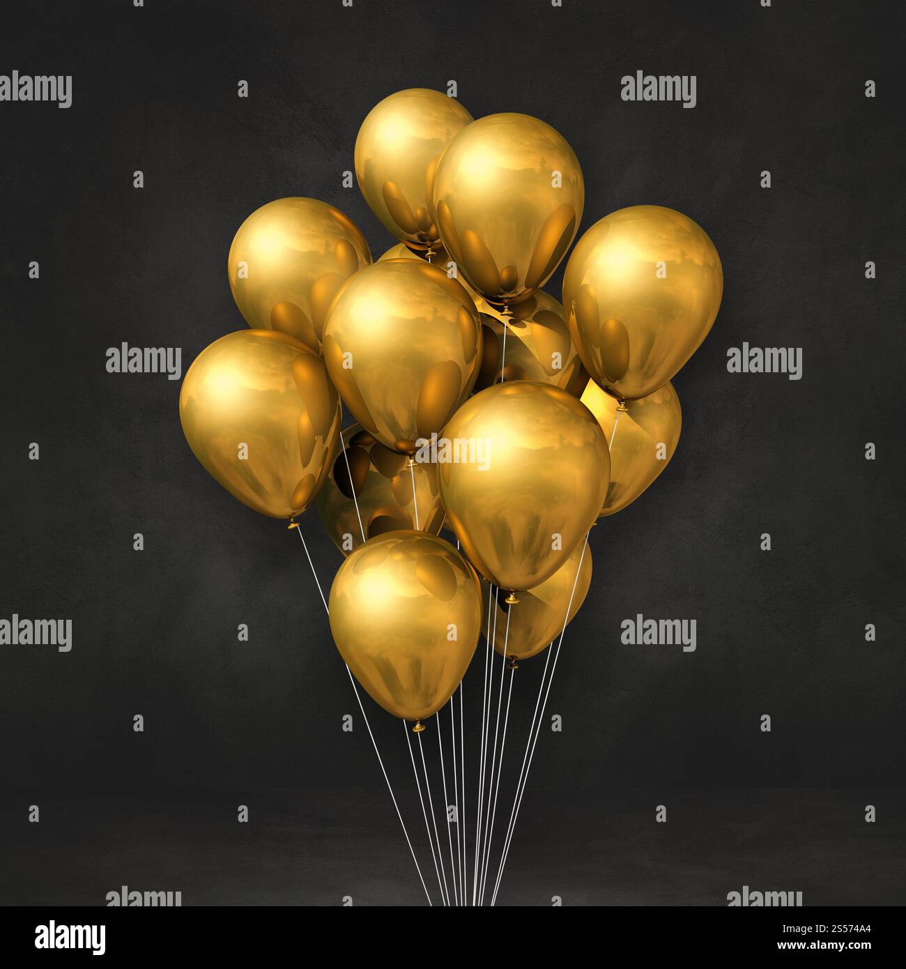 I palloncini dorati si accumulano su uno sfondo nero. Rendering illustrazione 3D. I palloncini dorati si accumulano su uno sfondo nero Foto Stock