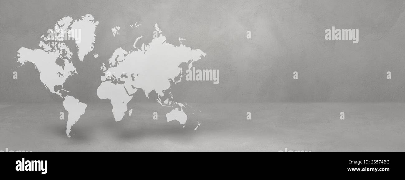 Mappa del mondo isolata su sfondo di pareti in cemento. Illustrazione 3D. Striscione orizzontale. Mappa del mondo su sfondo muro di cemento. Illustrazione 3D. Foto Stock