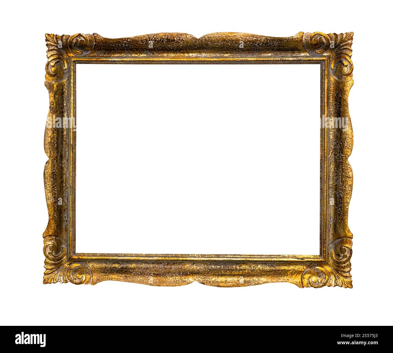 vecchia cornice decorativa dorata con tela tagliata isolata su sfondo bianco Foto Stock