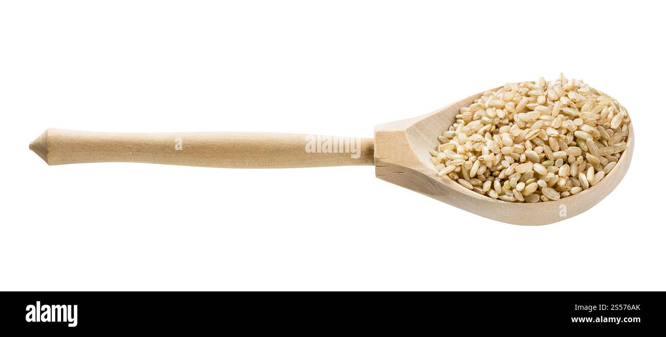 cucchiaio di legno con grani di riso marrone non lucidato isolato su bianco sfondo Foto Stock