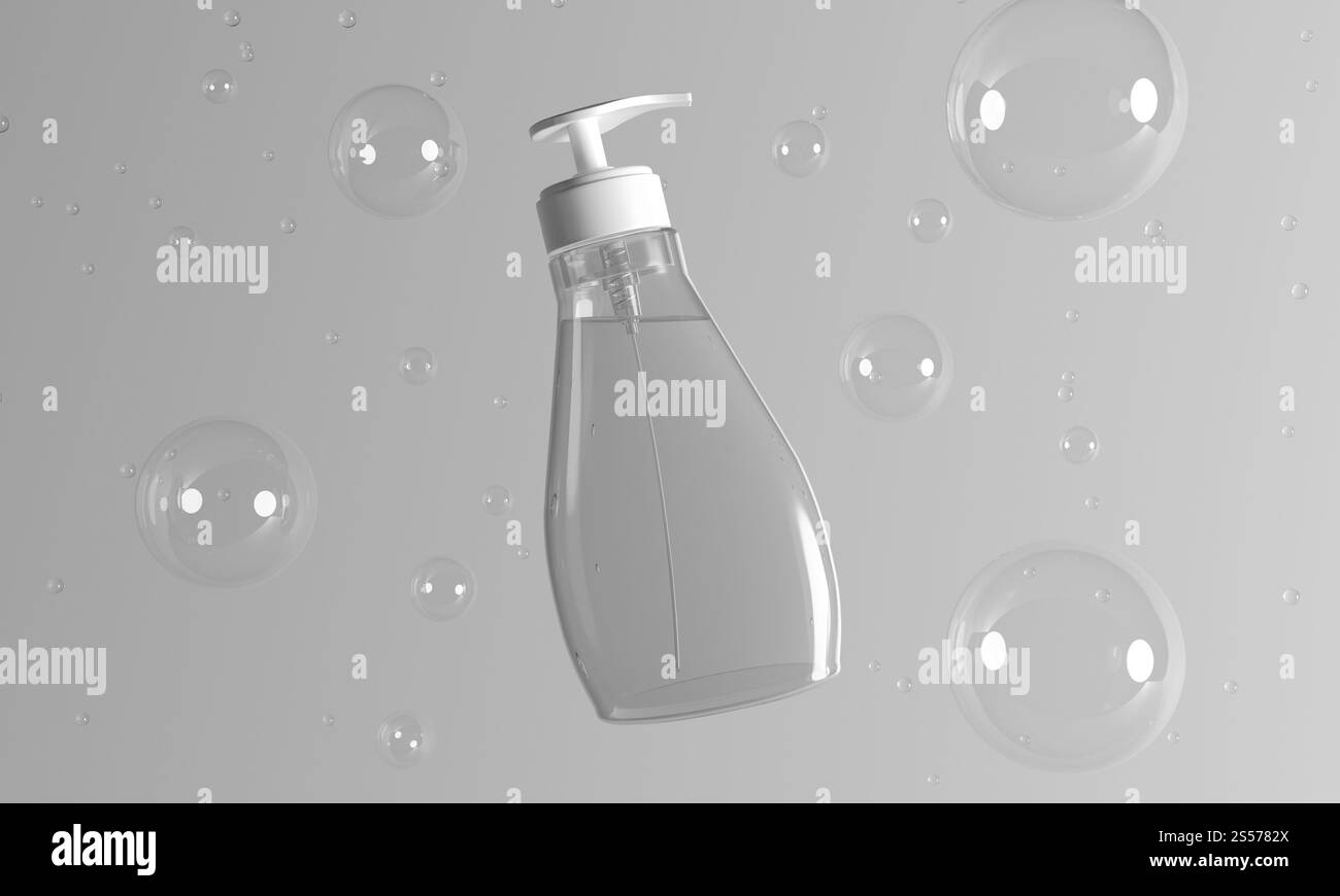 Flacone dispenser a pompa trasparente con rendering 3d per sapone, gel doccia o prodotti per la cura della pelle Foto Stock