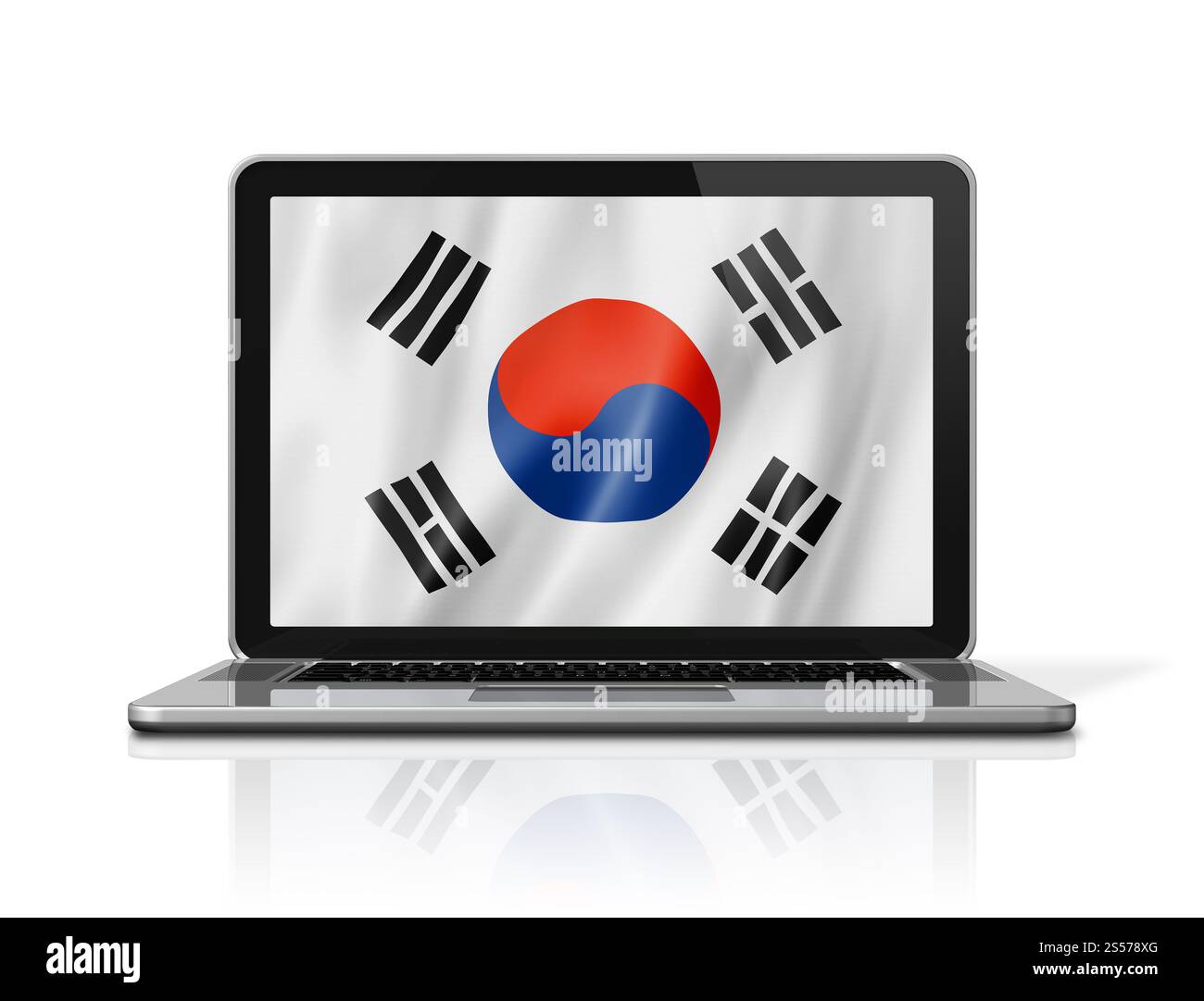 Bandiera della Corea del Sud sullo schermo del notebook isolata su bianco. Rendering illustrazione 3D. Bandiera sudcoreana sullo schermo del laptop isolata su bianco. Illustrazione 3D. Foto Stock